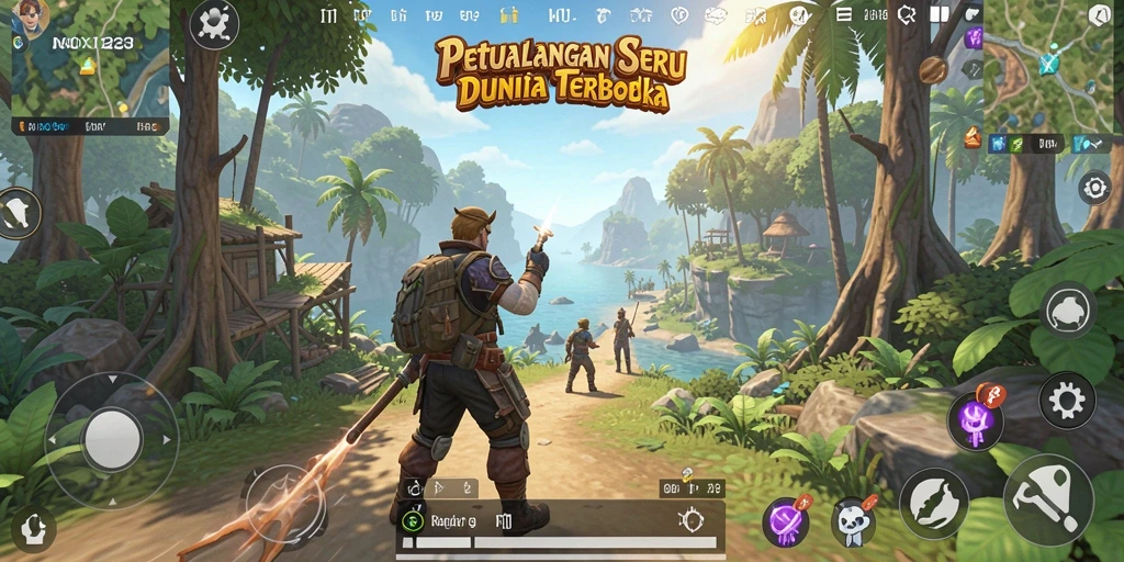 Screenshot gameplay NOX123 menampilkan petualangan seru di dunia terbuka.