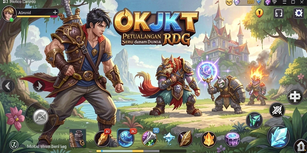 Tampilan utama gameplay OKJKT dengan karakter dan pertempuran RPG.
