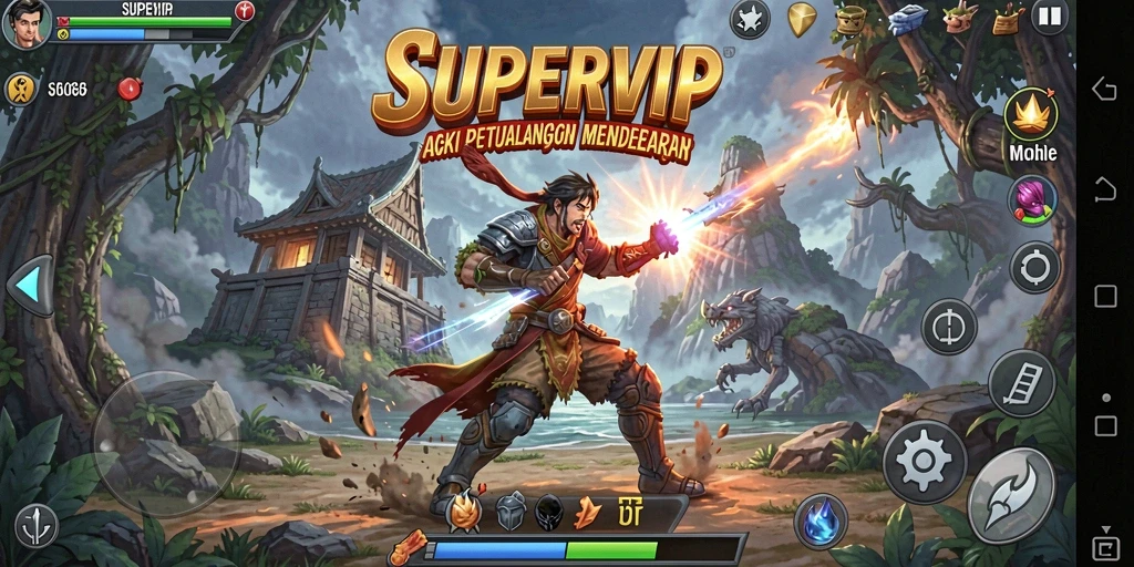 Screenshot utama SUPERVIP menunjukkan aksi pertempuran yang penuh intensitas.